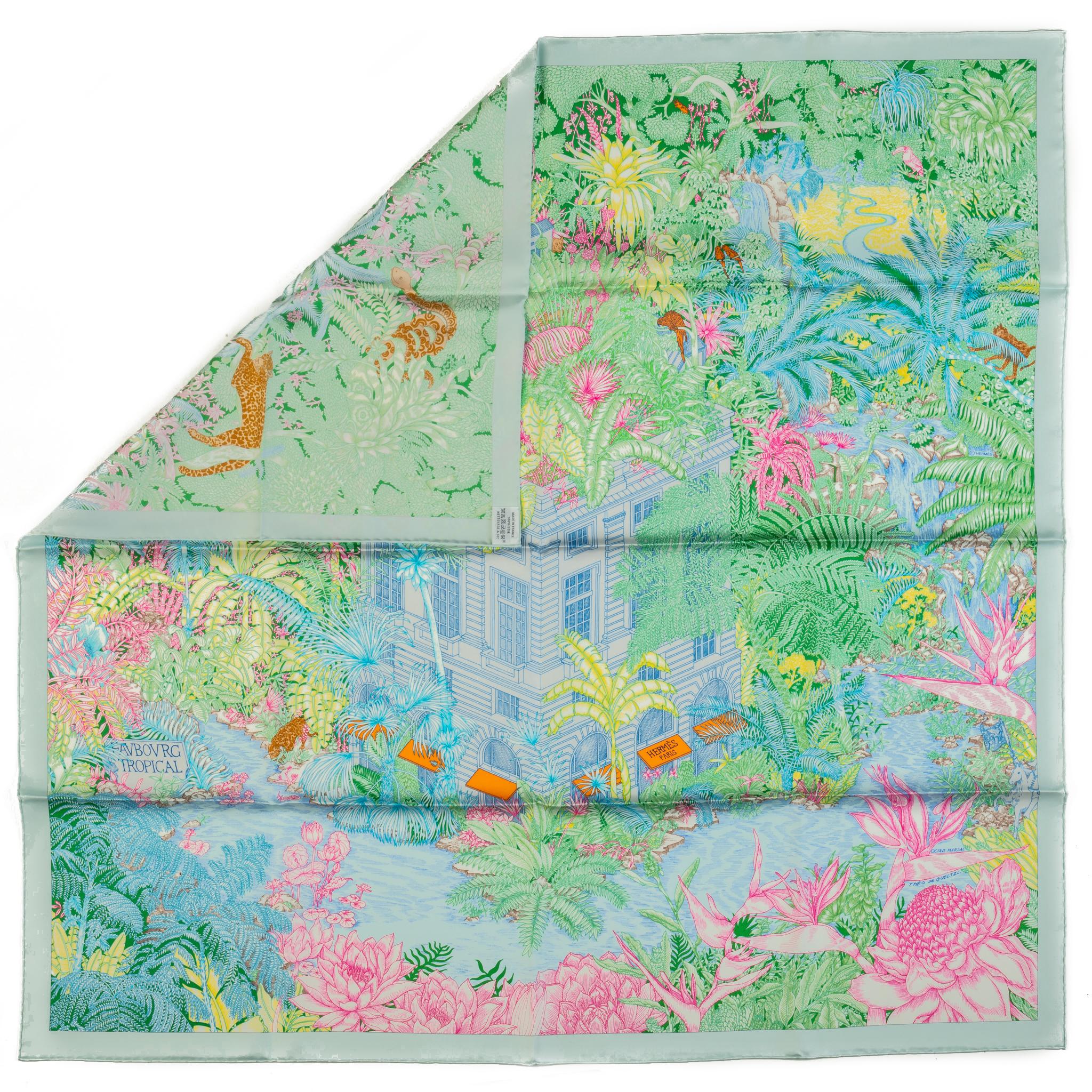 Gray Hermès Tropical Garden Pastel Silk Scarf For Sale