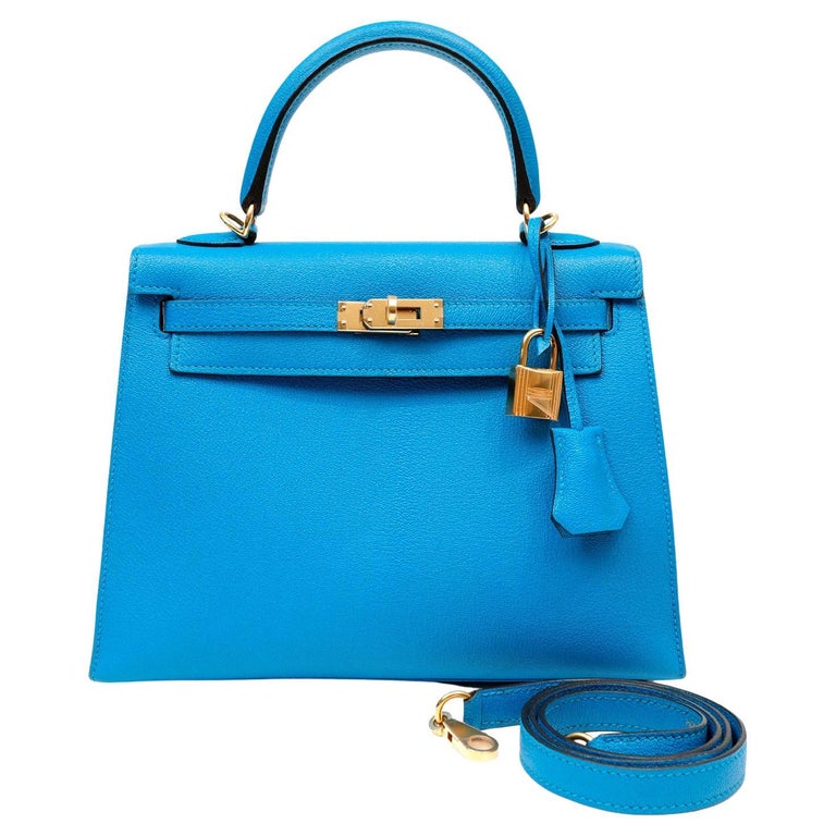 Hermès Turquoise Blue Chevre 25 cm Kelly For Sale at 1stDibs