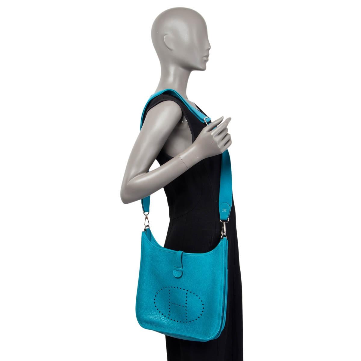 HERMES Turquoise blue Clemence leather EVELYNE III 29 PM Bag Palladium 3