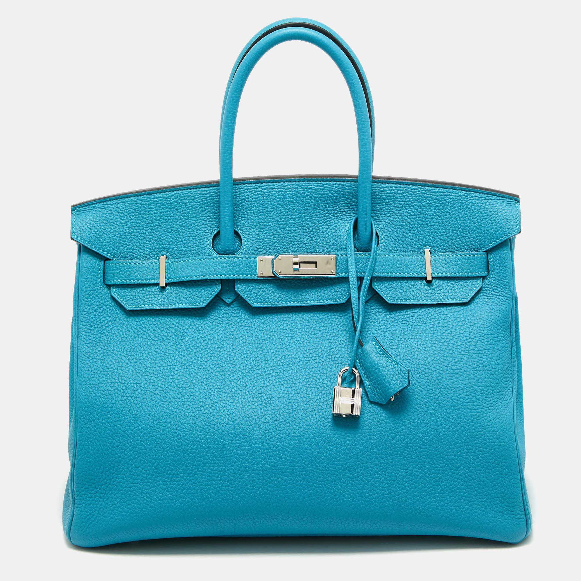 Hermes Turquoise Blue Togo Leather Palladium Finish Birkin 35 Bag For Sale 10