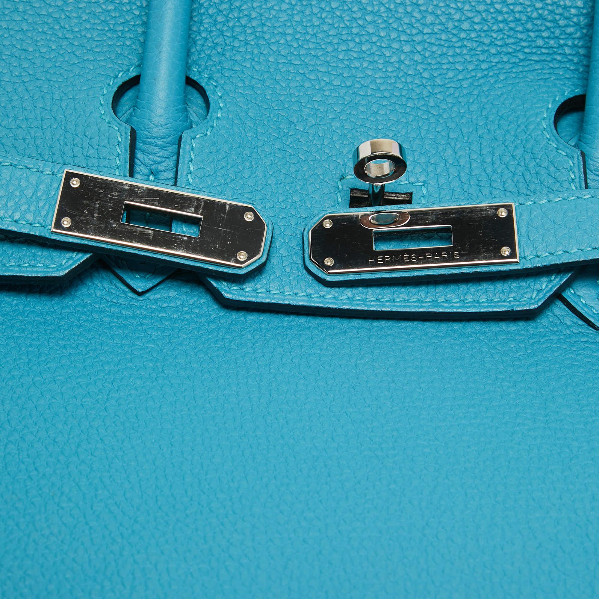 Hermes Turquoise Blue Togo Leather Palladium Finish Birkin 35 Bag For Sale 11
