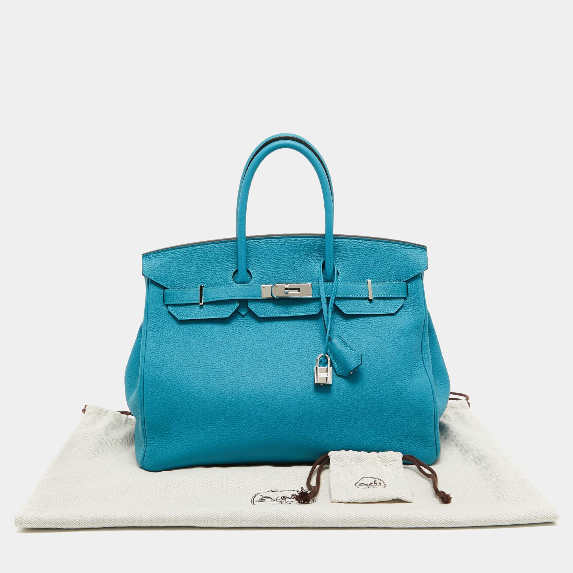 Hermes Turquoise Blue Togo Leather Palladium Finish Birkin 35 Bag For Sale 12
