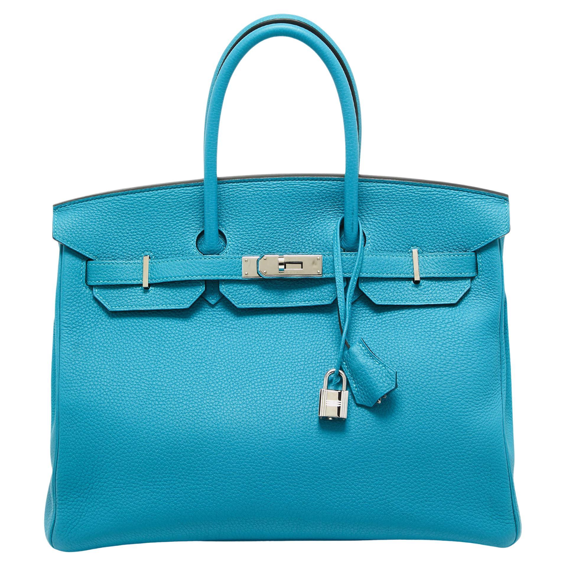 Hermes Turquoise Bleu Togo Cuir Palladium Finish Sac Birkin 35 en vente