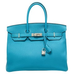 Vintage Hermes Turquoise Blue Togo Leather Palladium Finish Birkin 35 Bag