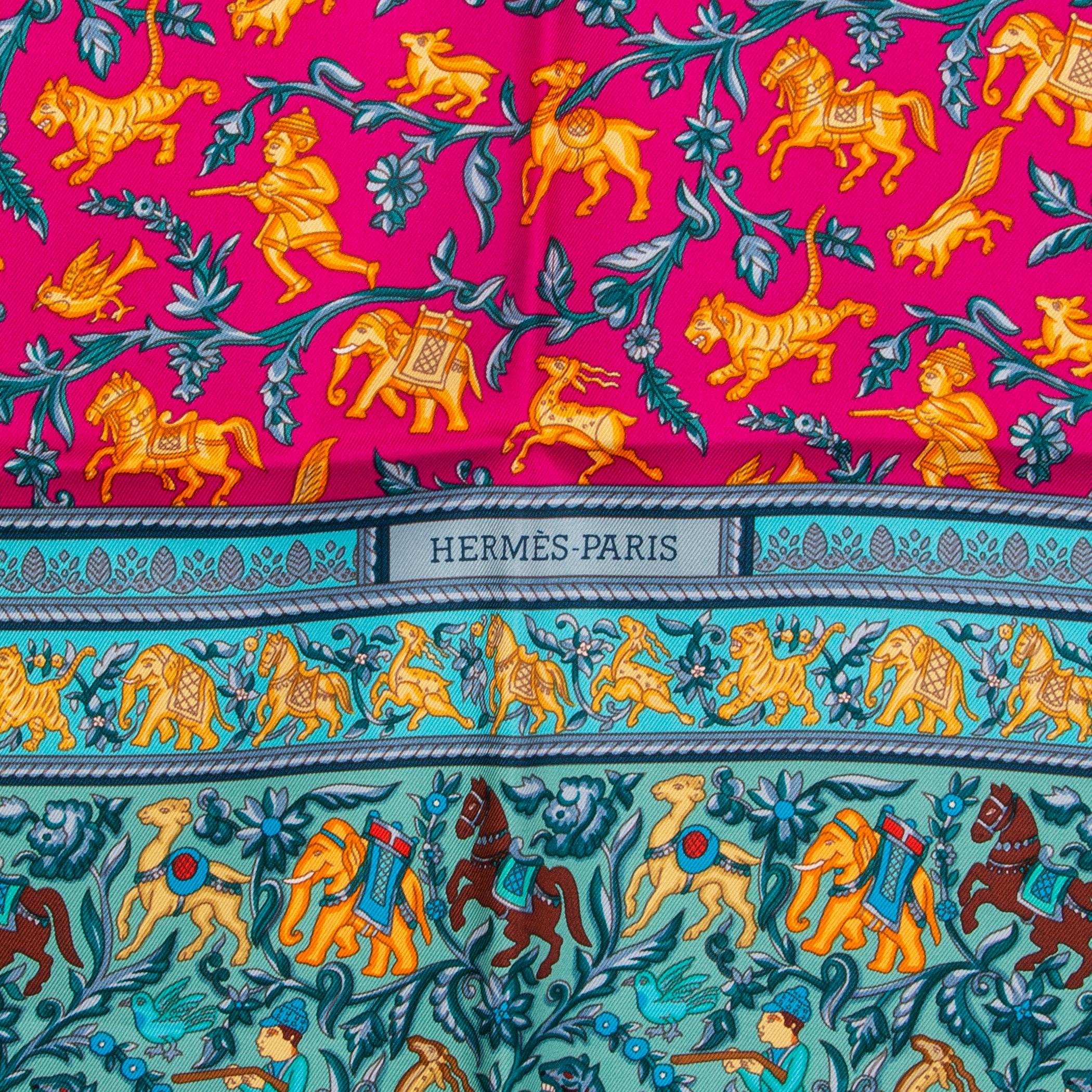 Hermes 'Chasse en Inde' by Michel Duchen scarf in passion fruit, cyan, turquoise, fuchsia, and brown silk twill. Has been worn and is in excellent condition. 

Width 90cm (35.1in)
Height 90cm (35.1in)