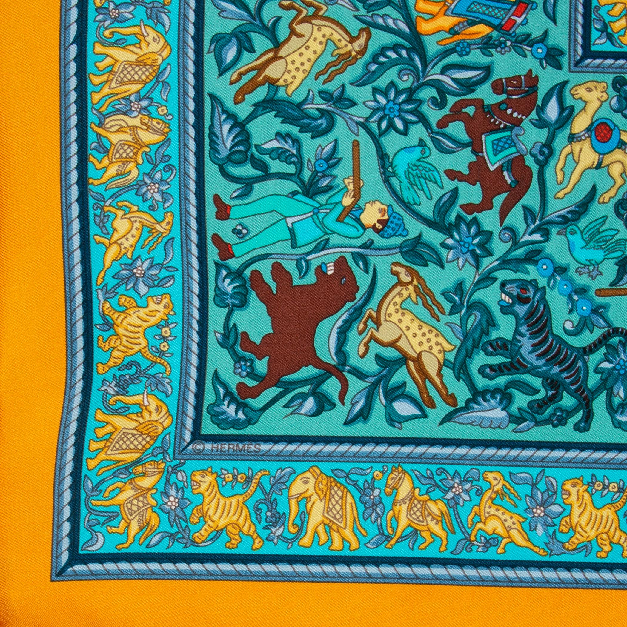 Blue Hermes turquoise CHASSE EN INDE 90 silk twill Scarf