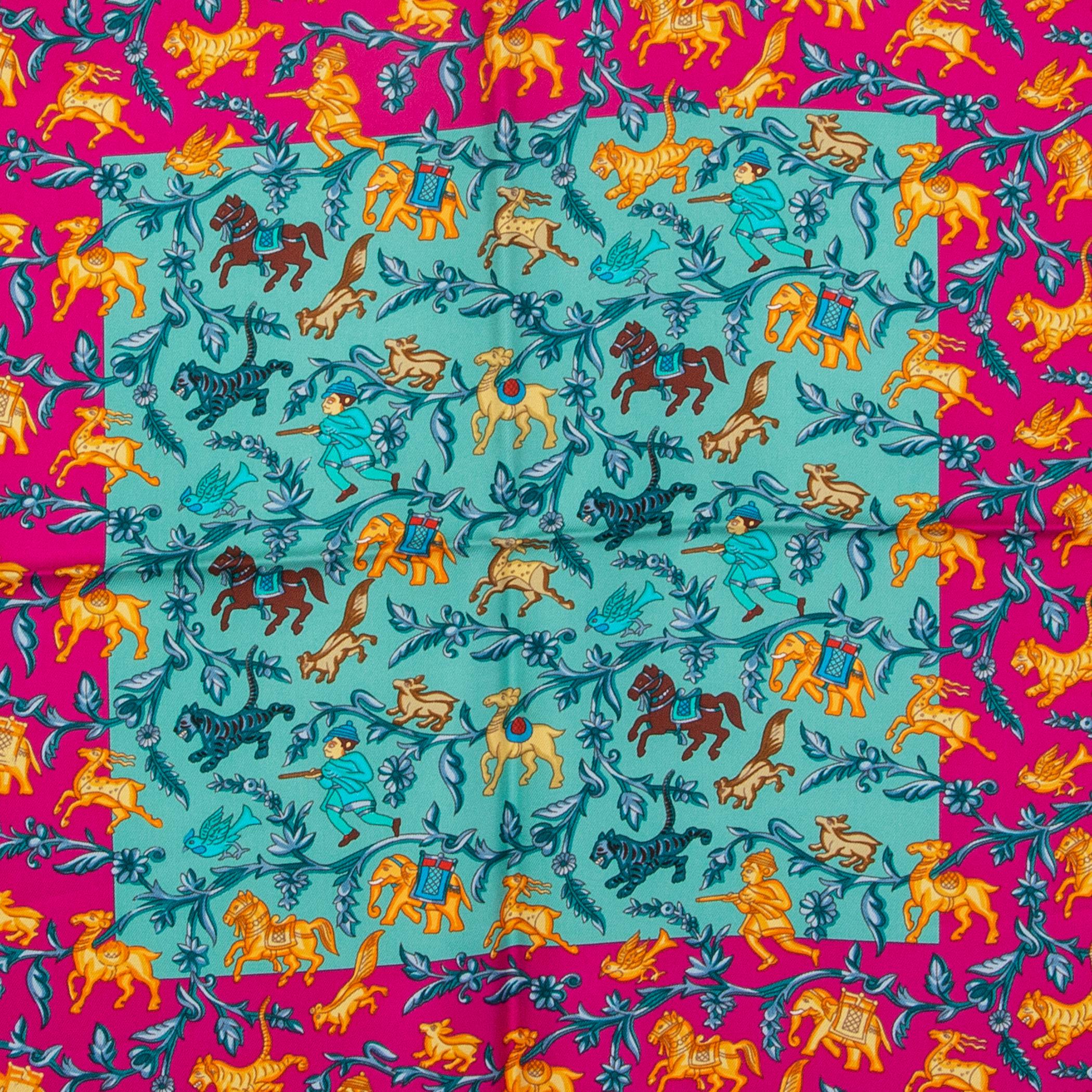 Women's or Men's Hermes turquoise CHASSE EN INDE 90 silk twill Scarf