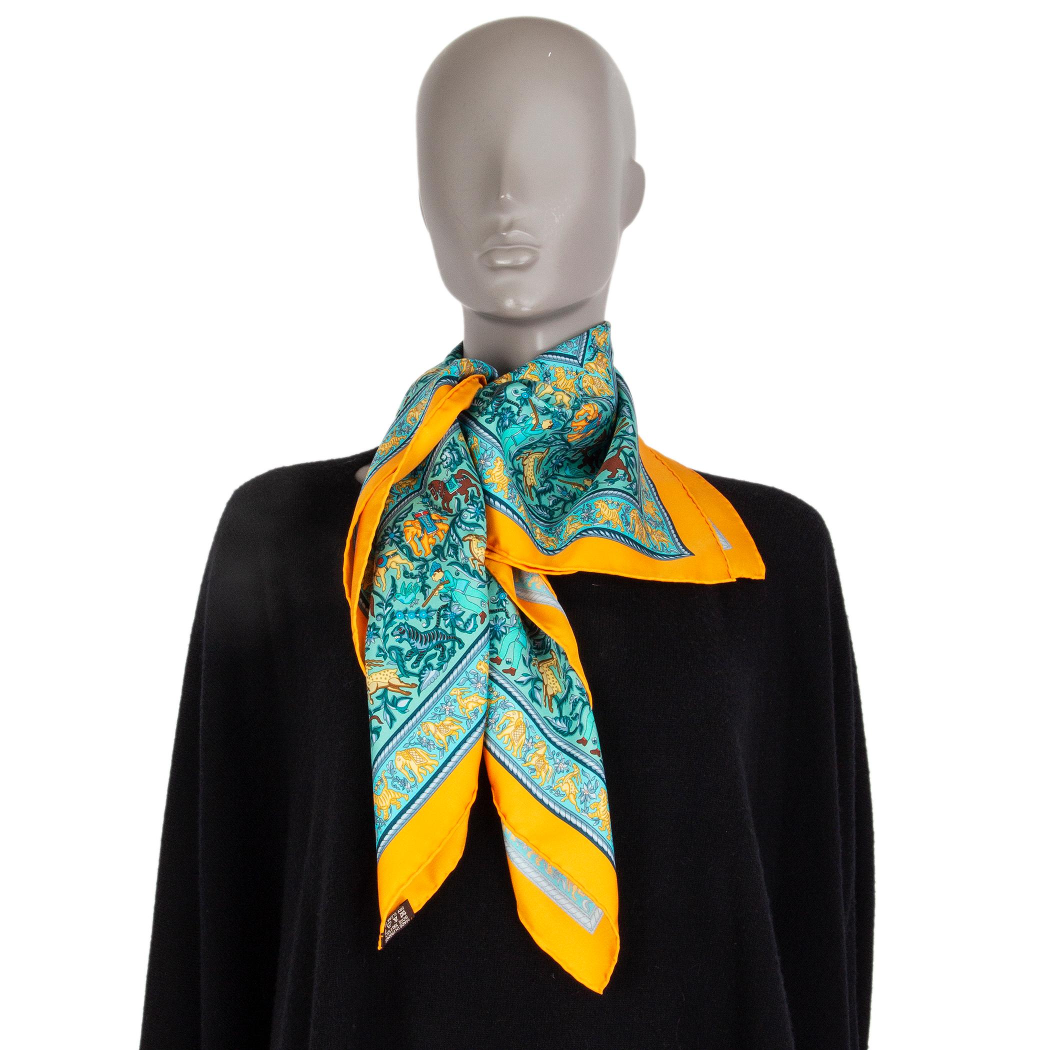 Hermes turquoise CHASSE EN INDE 90 silk twill Scarf 1