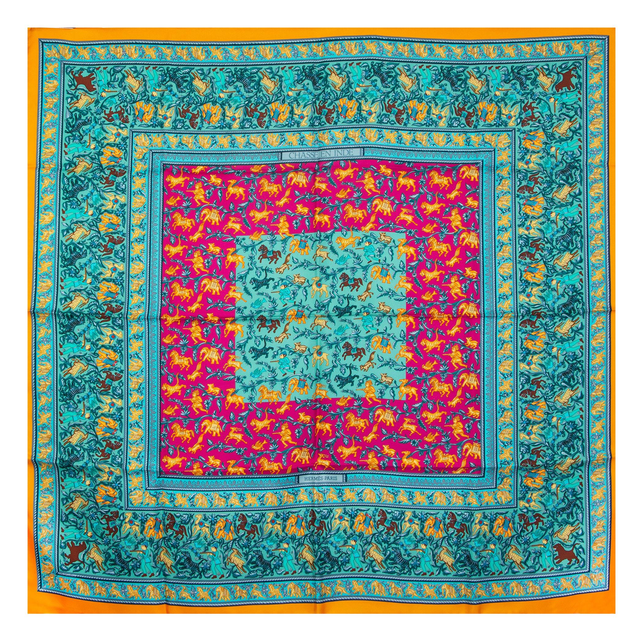 Hermes turquoise CHASSE EN INDE 90 silk twill Scarf
