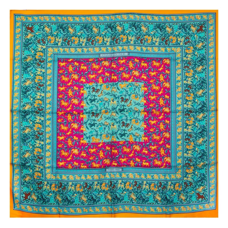 Hermes turquoise CHASSE EN INDE 90 silk twill Scarf at 1stDibs