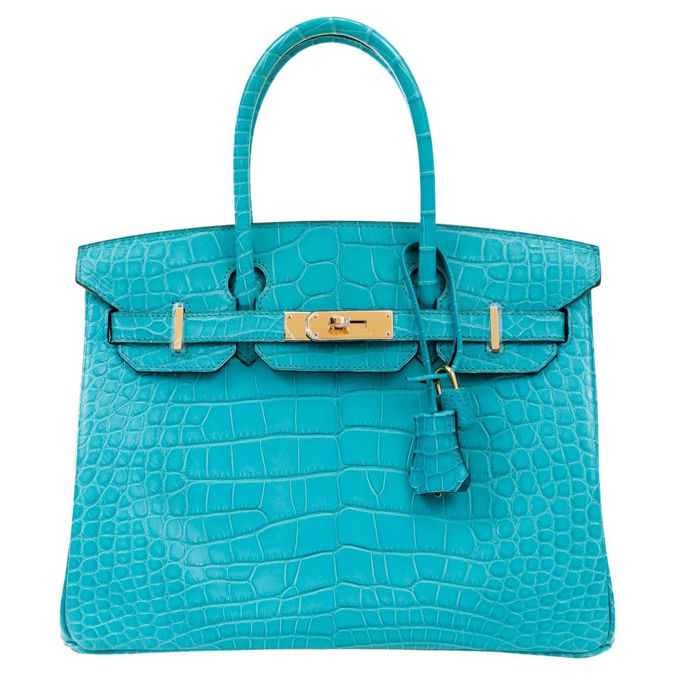 Hermès Turquoise Crocodile 30 cm Birkin with Gold Hardware For Sale