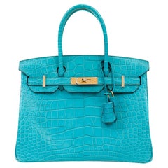 Hermès Birkin 30 cm en crocodile turquoise avec quincaillerie dorée