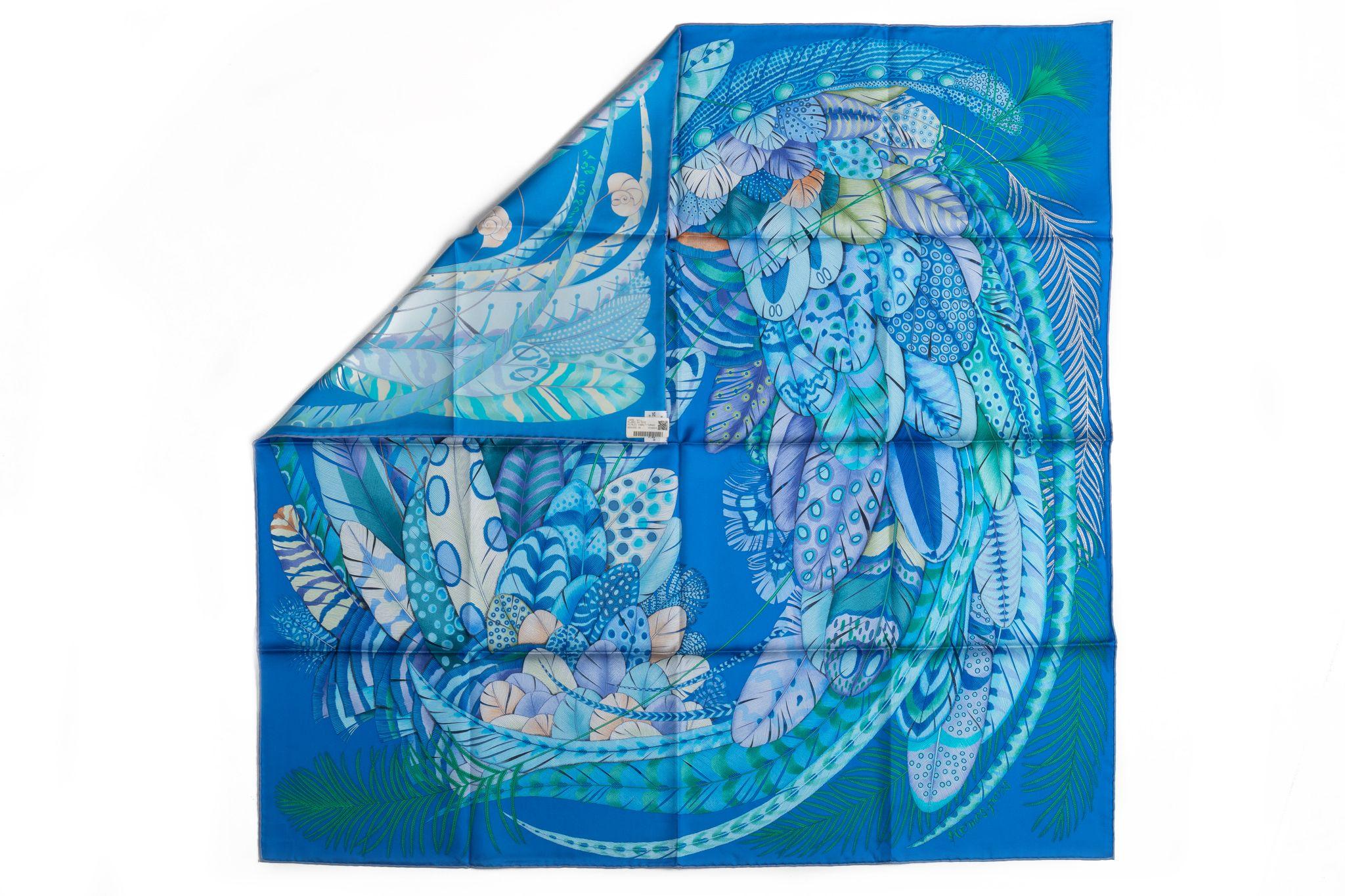 Hermès turquoise feathers silk scarf, hand rolled edges. Mint condition. 