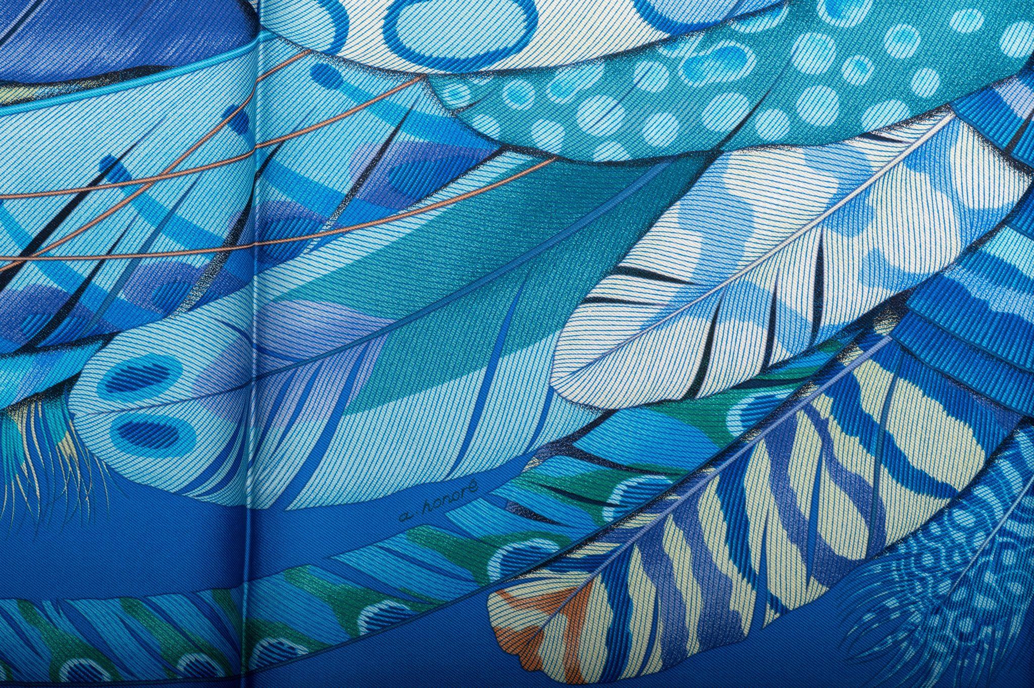 Blue Hermès Turquoise Feather Silk Scarf For Sale