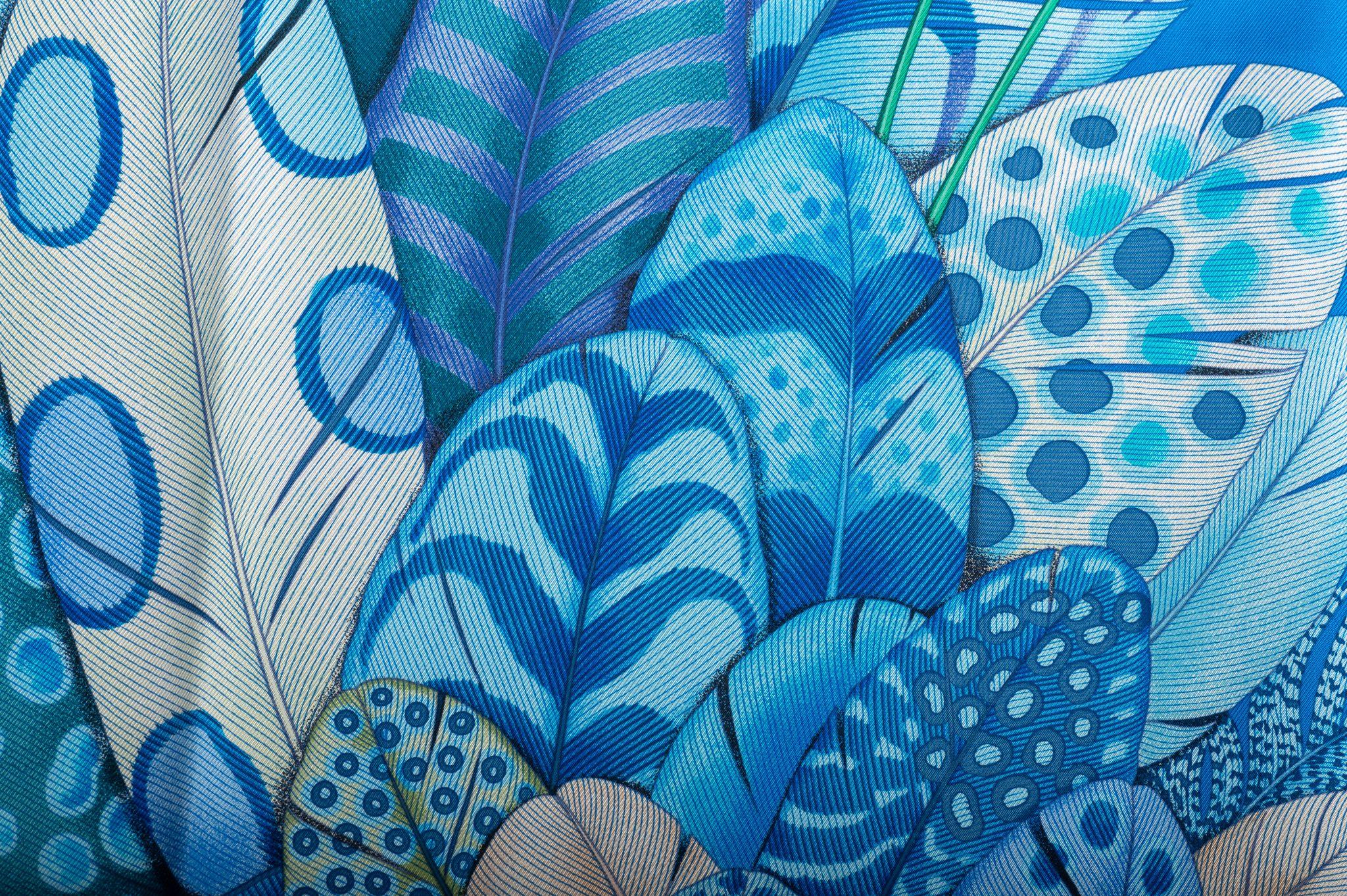 Hermès Turquoise Feather Silk Scarf In Excellent Condition For Sale In West Hollywood, CA