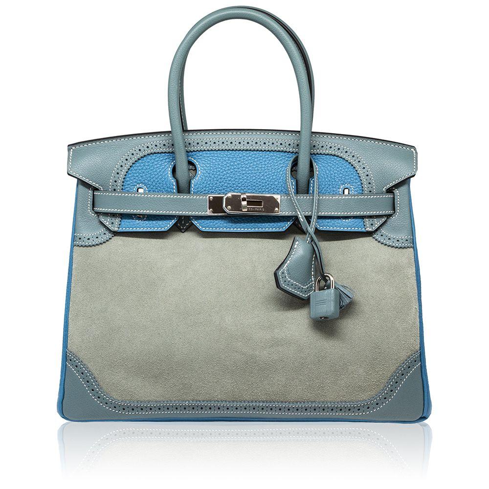 Highly sought after, in an elegant and enchanting shade of Turquoise, this 30cm Ghillies bag is a truly dazzling collector's item and adds several unique twists to the traditional Hermès Birkin. Crafted from a striking combination of textures, the