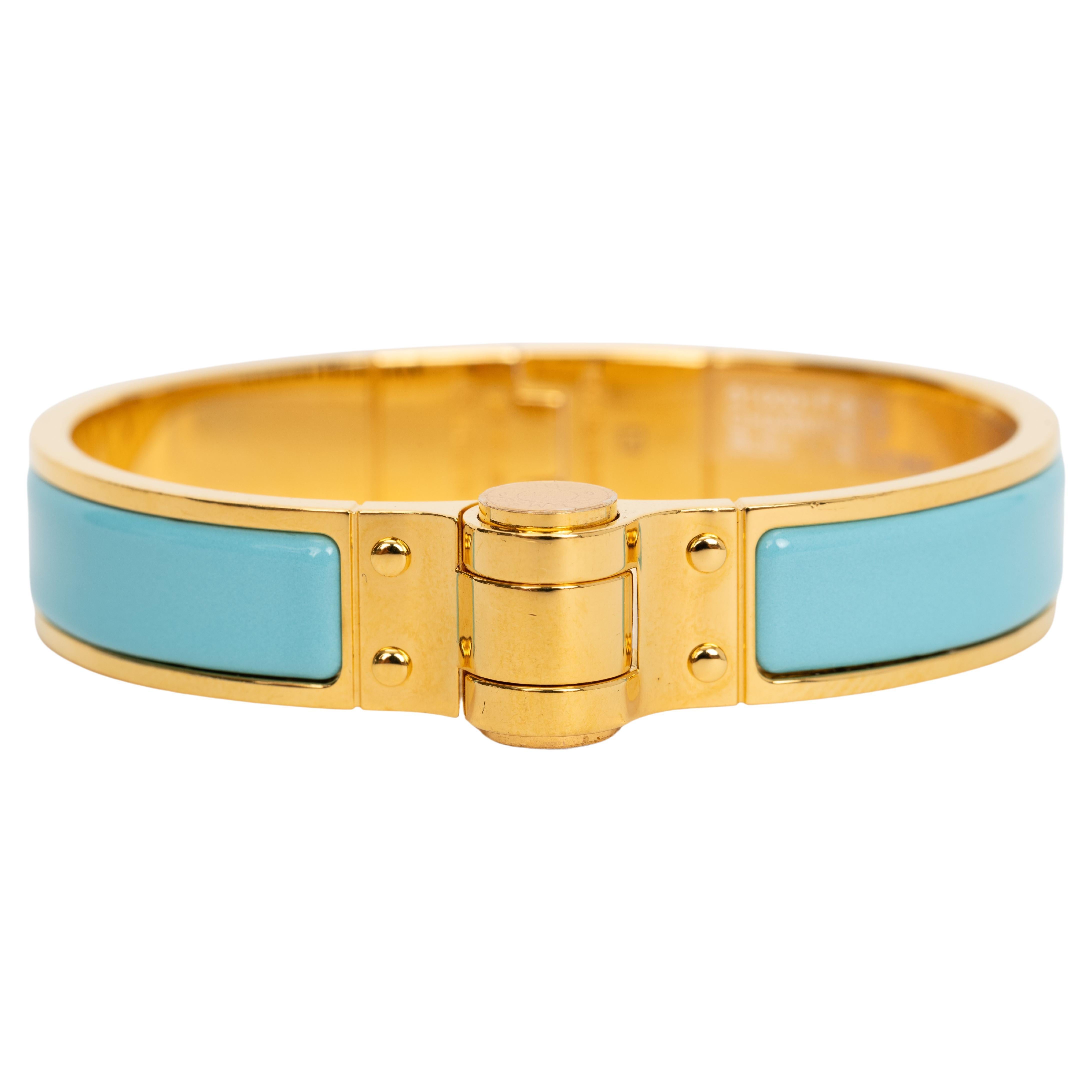 Hermes Turquoise Gold Hinged Bracelet For Sale