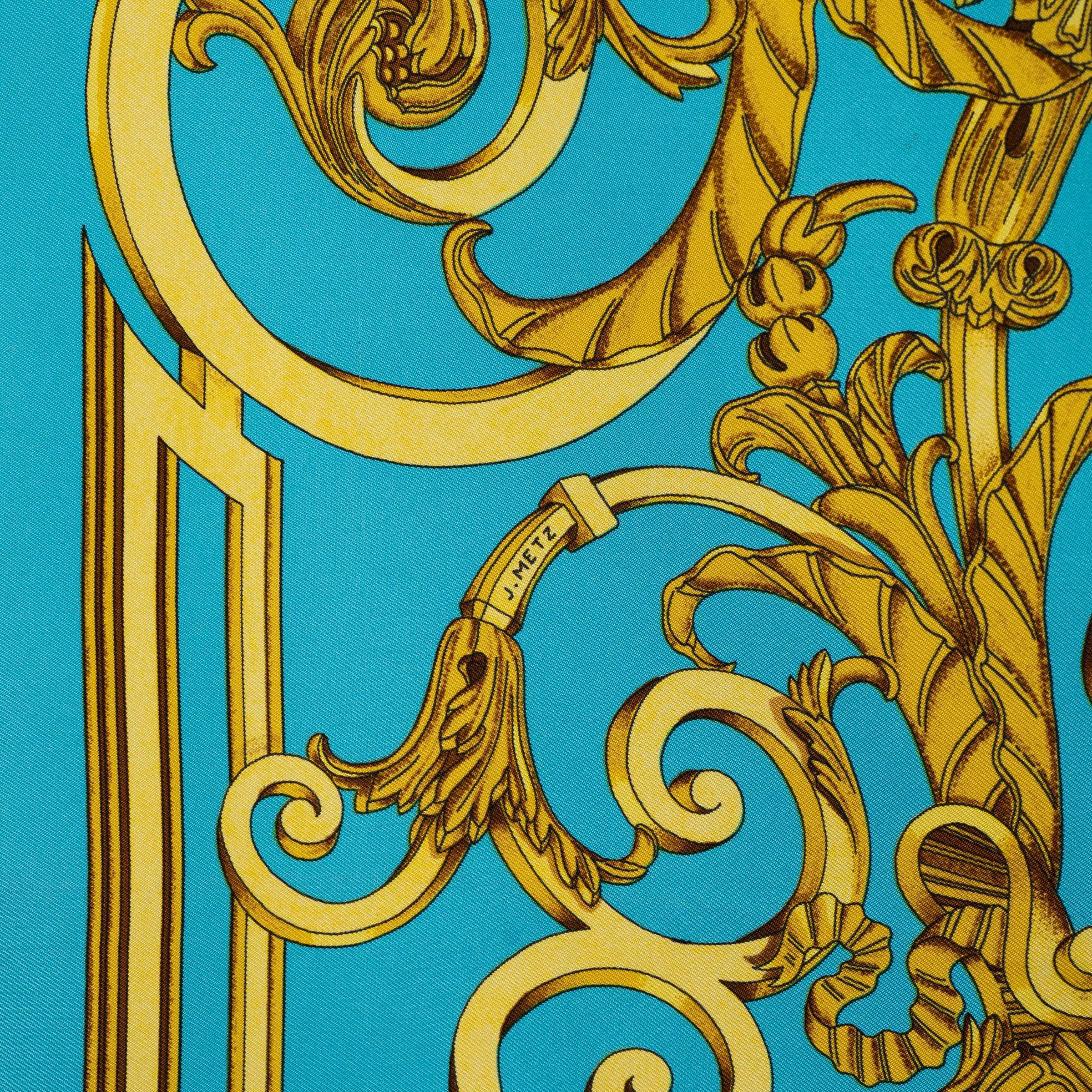 Blu Sciarpa HERMES in seta LES TUILERIES 90 TWILL turchese e oro