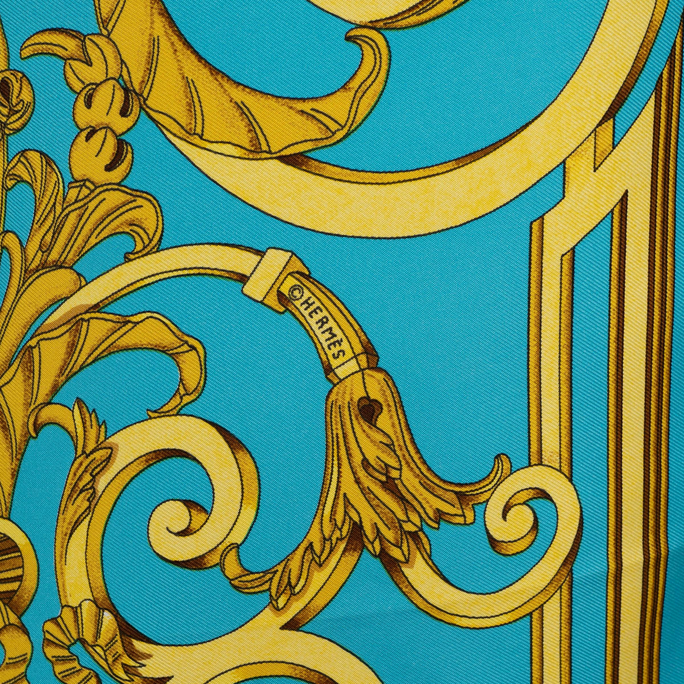 Sciarpa HERMES in seta LES TUILERIES 90 TWILL turchese e oro In condizioni discrete a Zürich, CH