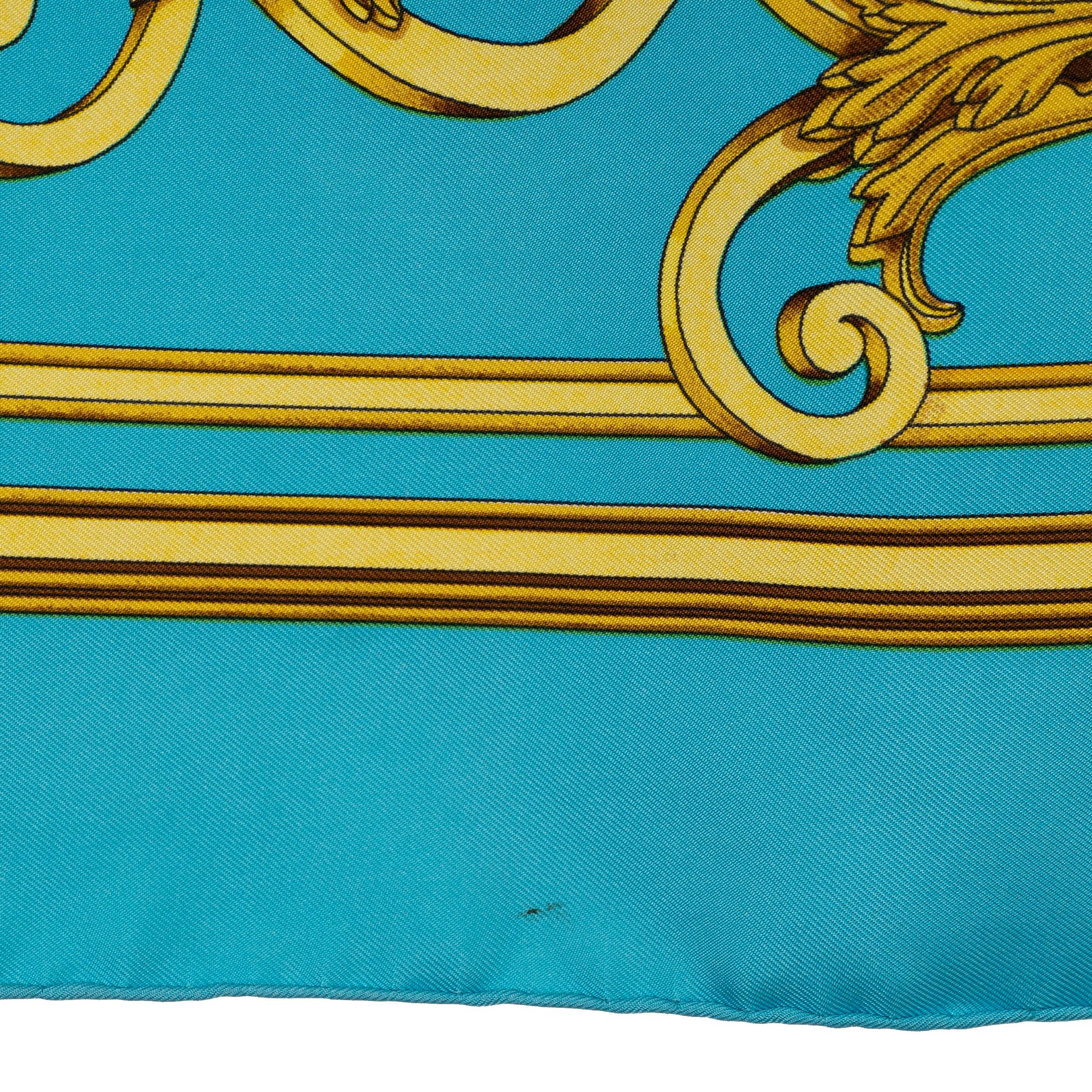 Sciarpa HERMES in seta LES TUILERIES 90 TWILL turchese e oro 1