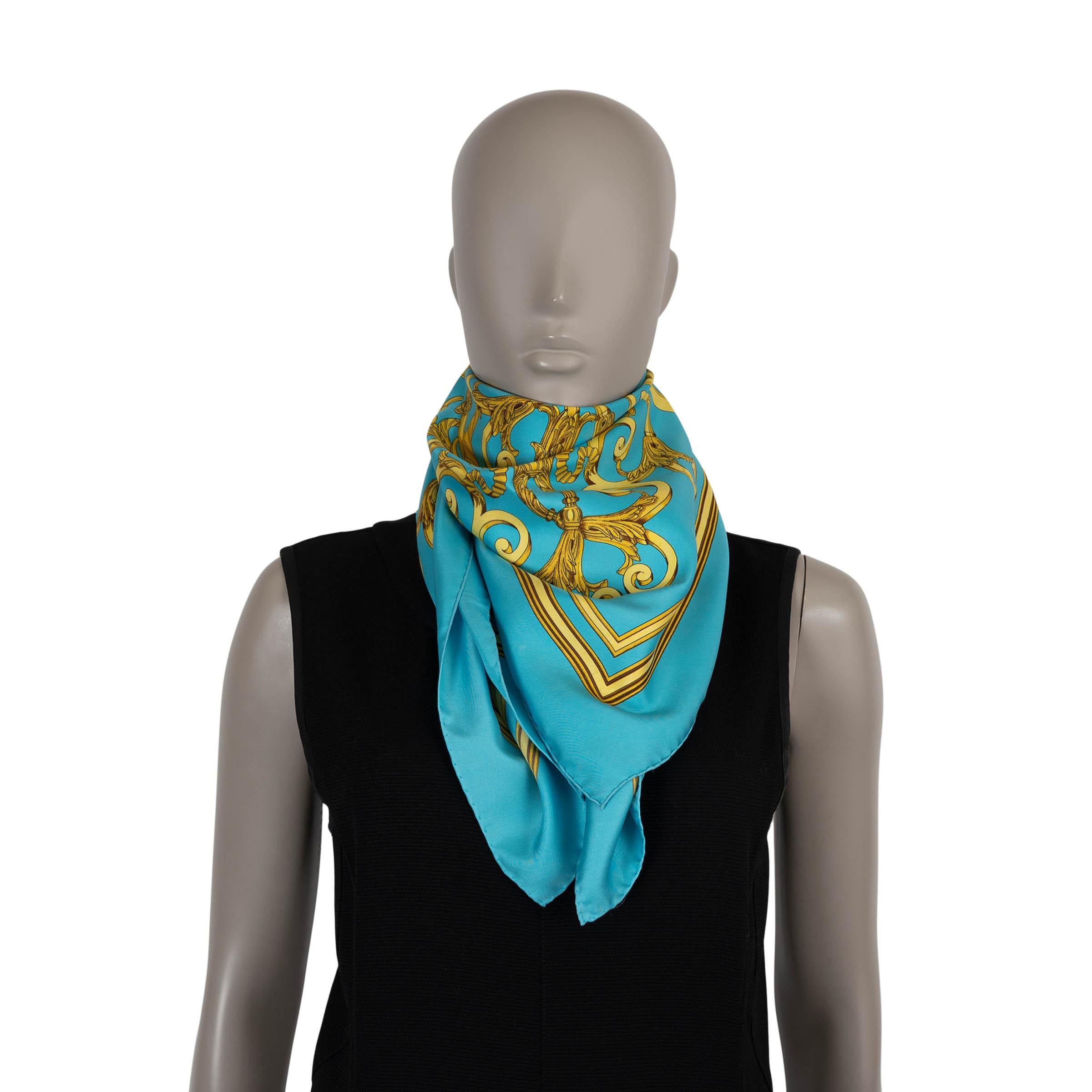 Sciarpa HERMES in seta LES TUILERIES 90 TWILL turchese e oro 2