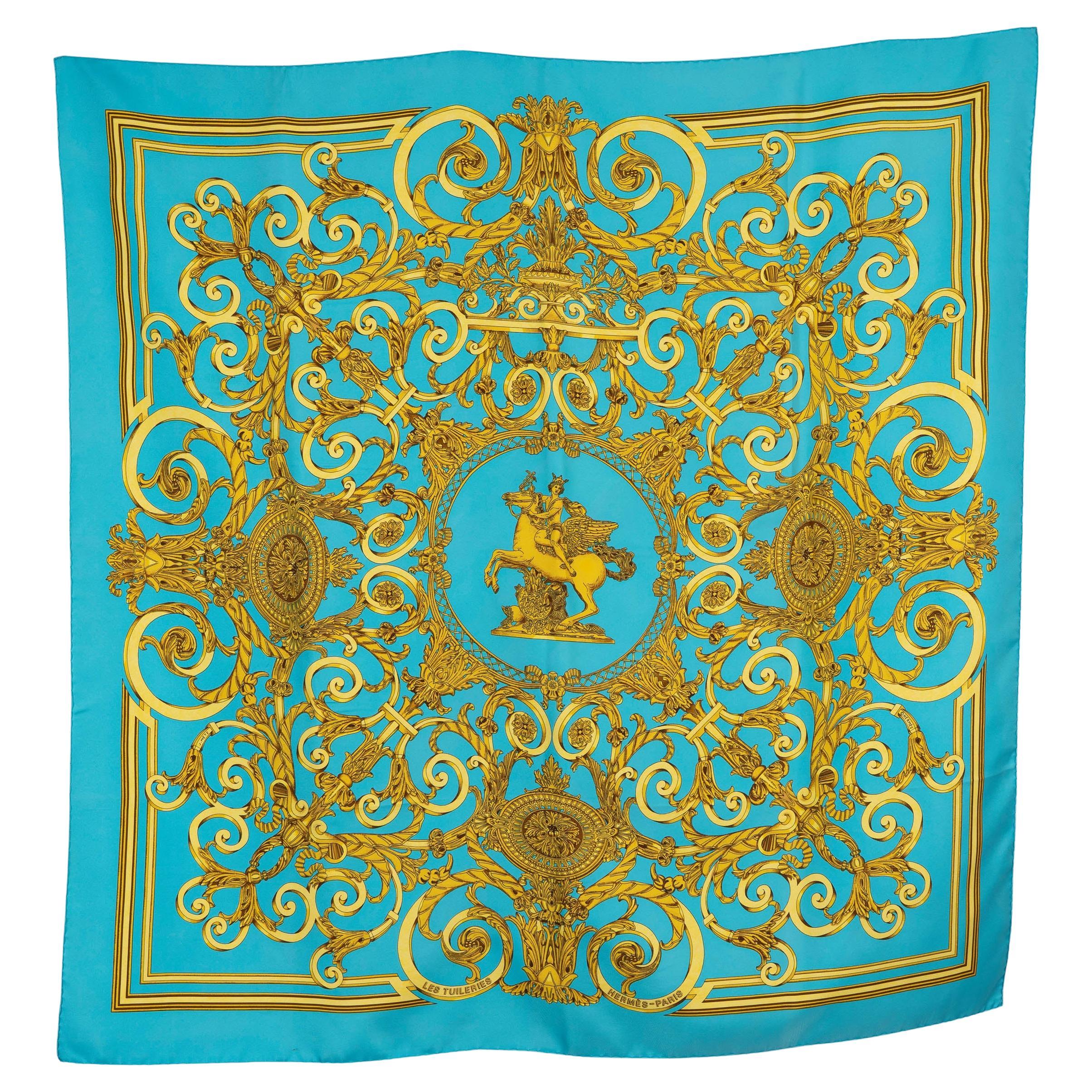 Sciarpa HERMES in seta LES TUILERIES 90 TWILL turchese e oro