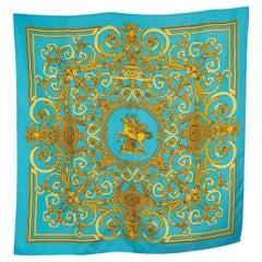 HERMES turquoise & gold silk LES TUILERIES 90 TWILL Scarf HERMES turquoise & gold silk LES TUILERIES 90 TWILL Scarf