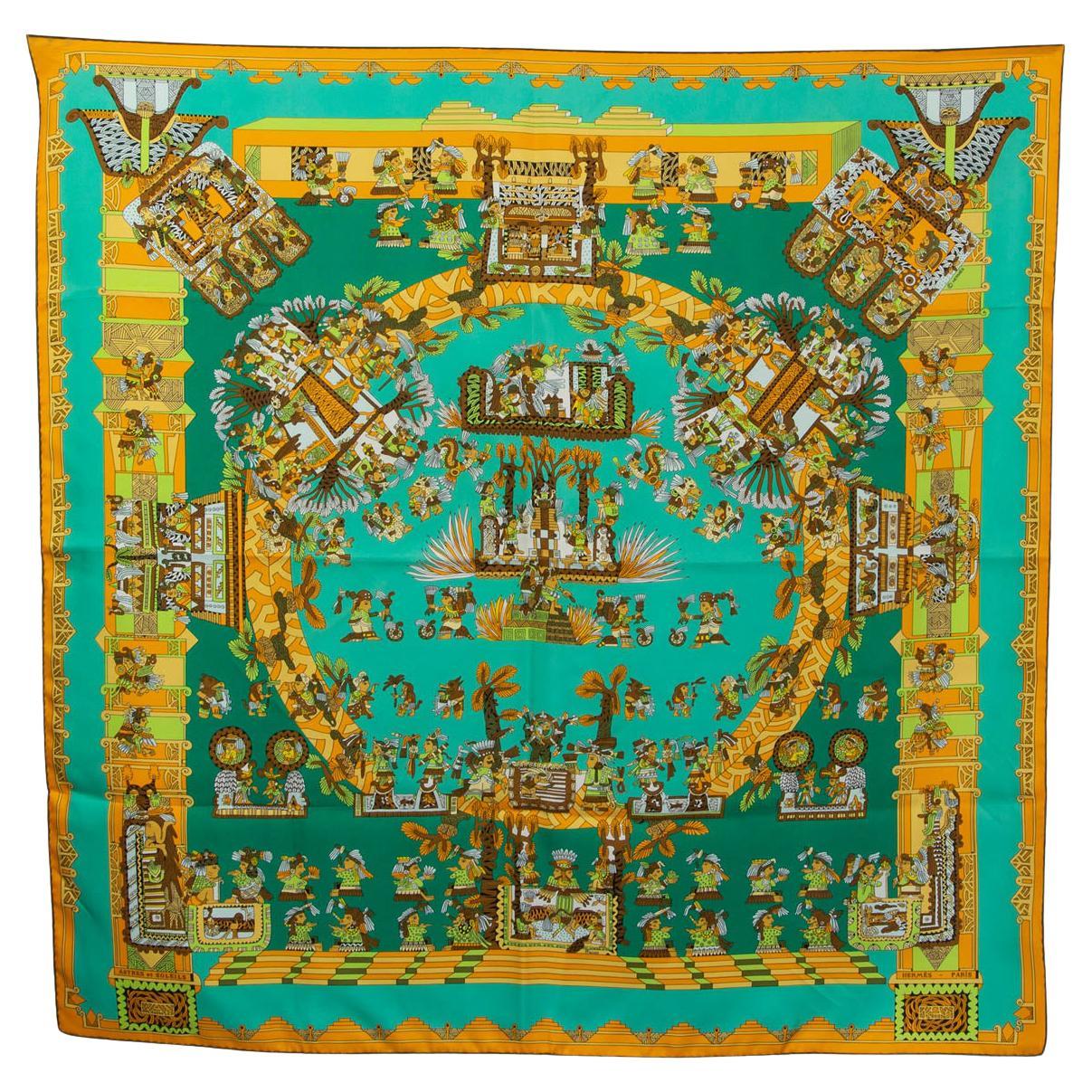 Hermes turquoise green orange ASTRES ET SOLEILS 90 Scarf silk