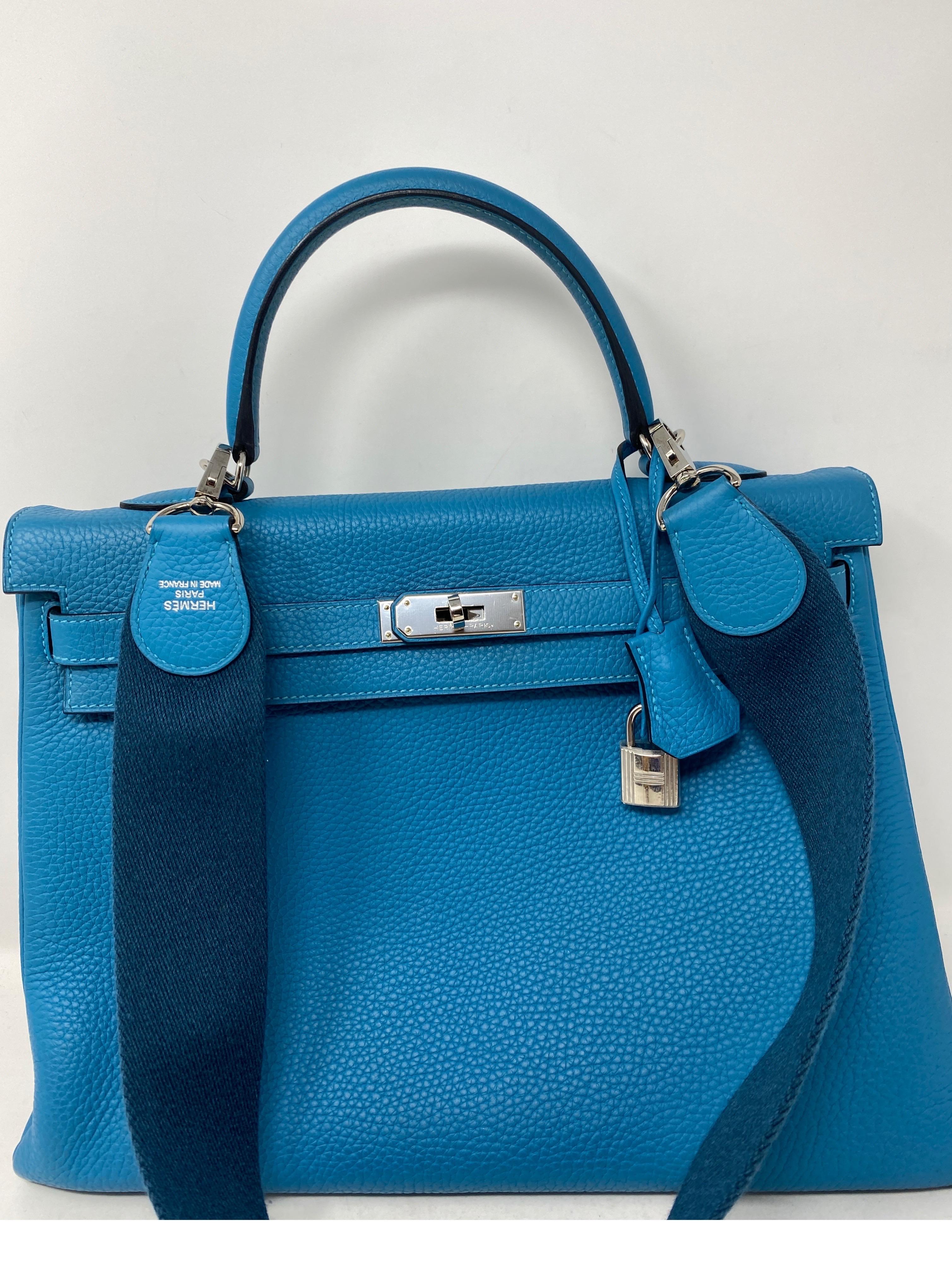 Hermes Kelly 35 Turquoise Amazone Taurillon Clemence Leather Bag. Turquoise and Colvert strap. Like new condition. Beautiful bag and unique strap. Comes with original receipt. From 2014. Includes clochette, lock, keys, and dust bag. Guaranteed