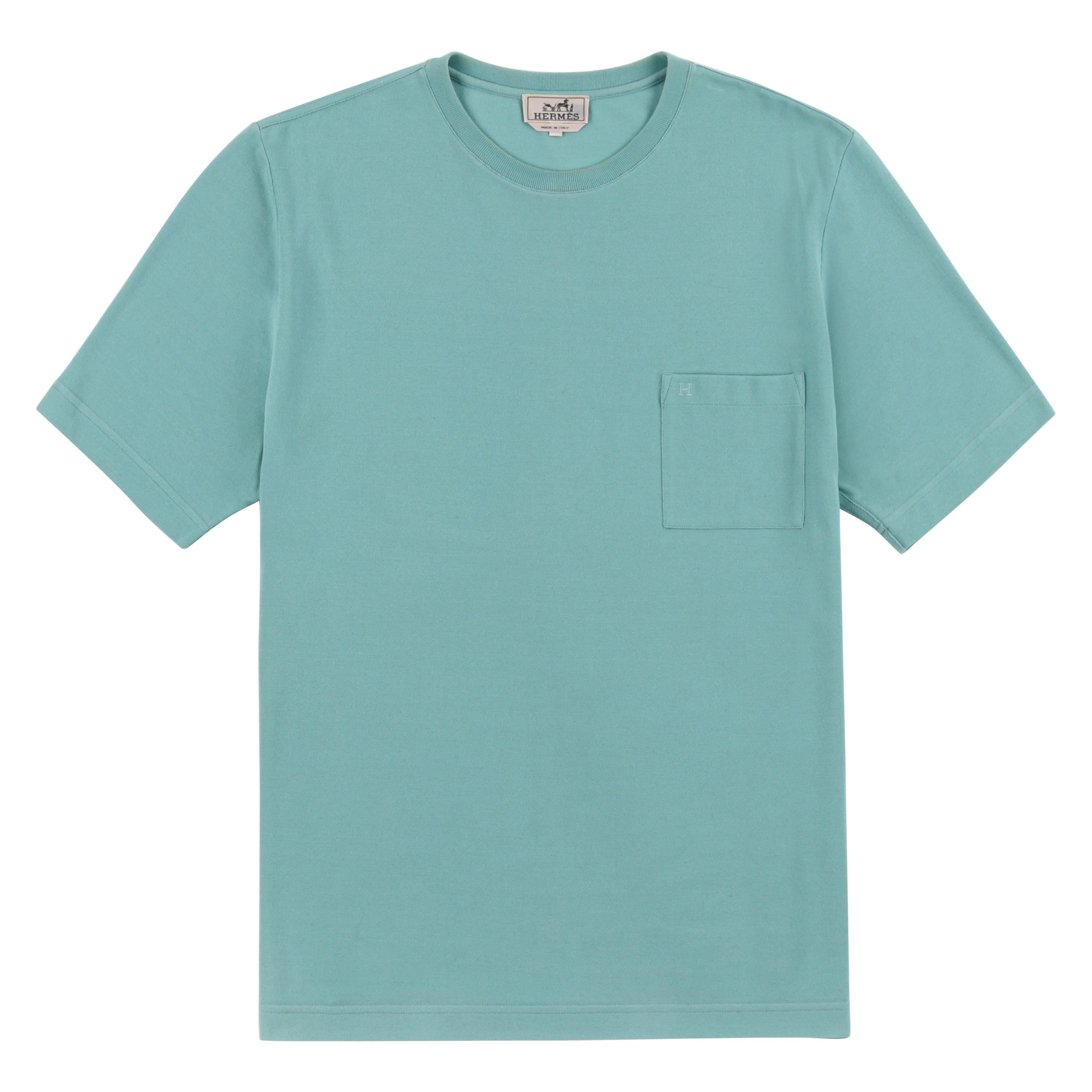 HERMES Turquoise Piqué H Embroidered Patch Pocket Short Sleeve T Shirt