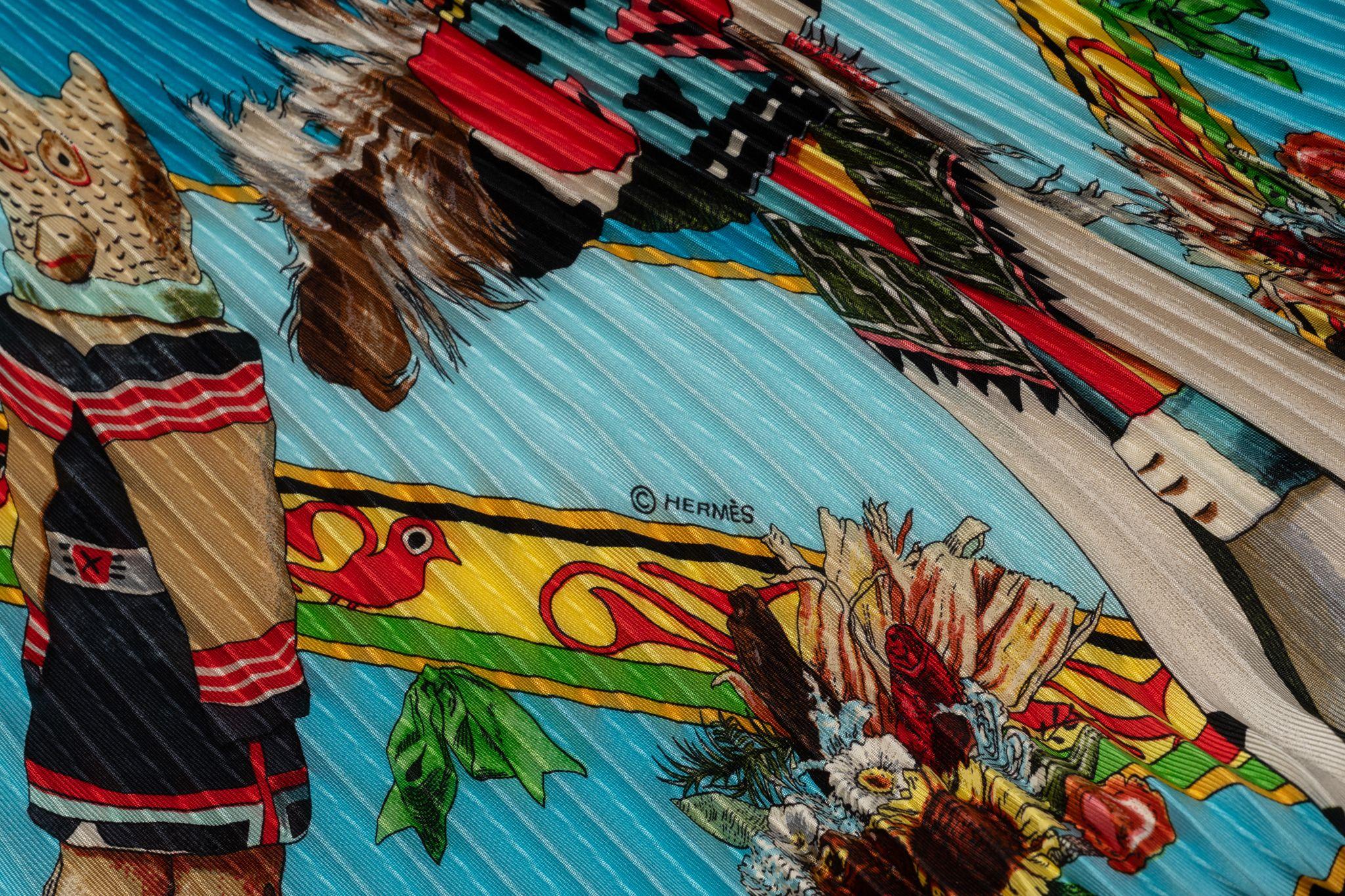 Hermès Turquoise Pleated Kachinas Scarf For Sale 1