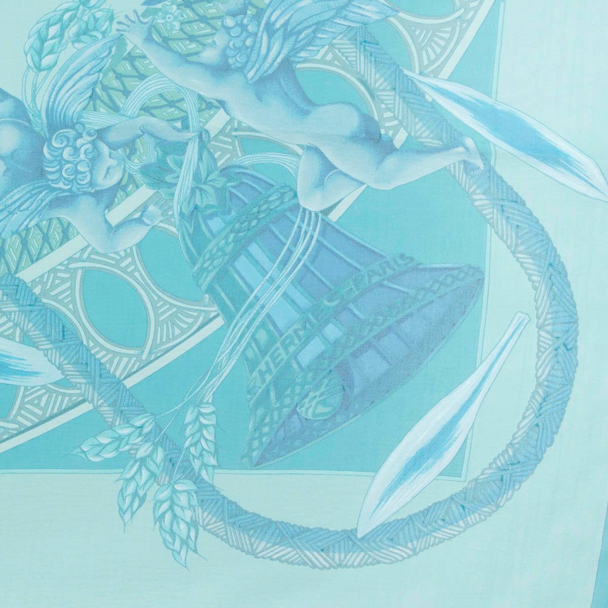HERMES turquoise silk chiffon AMOURS 90 MOUSSELINE Scarf In Excellent Condition In Zürich, CH