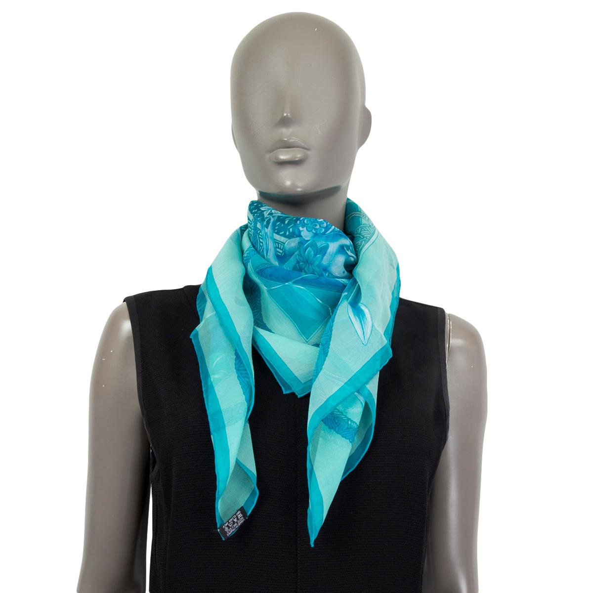 HERMES turquoise silk chiffon AMOURS 90 MOUSSELINE Scarf 3