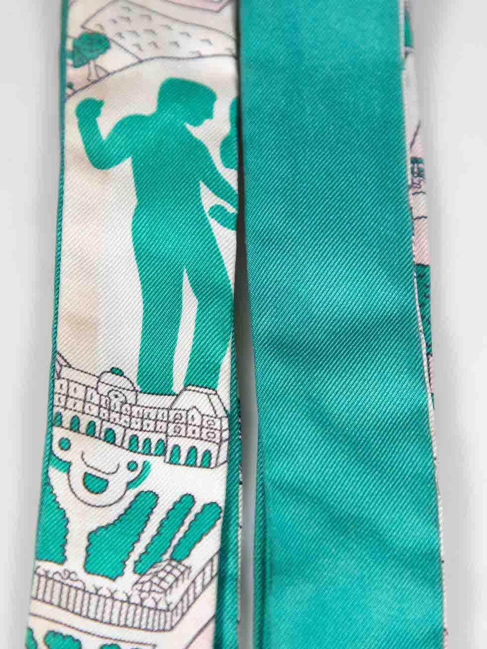 Hermès Turquoise Silk Printed Twilly Scarf In Excellent Condition For Sale In London, GB