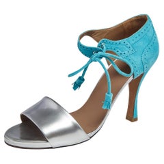 Hermes Turquoise/Silver Brogue Suede and Leather Ankle Wrap Sandals Size 38