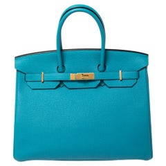 Hermès - Sac Birkin 35 en cuir togo turquoise et accessoires en or