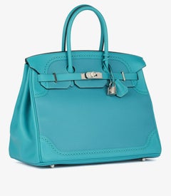 "Birkin 35 cm Retourne di Hermès in pelle Togo e Swift turchese con lacci GHILLI"