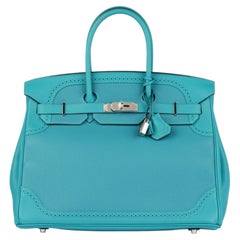 "Birkin 35 cm Retourne di Hermès in pelle Togo e Swift turchese con lacci GHILLI"