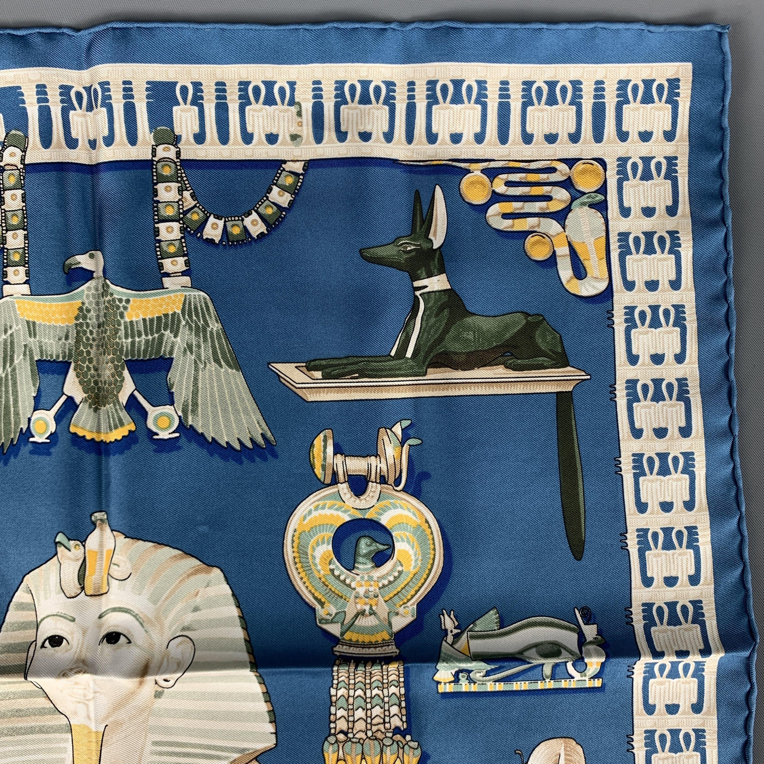 HERMES Tutankhamun Blue Silk Pocket Square In Excellent Condition In San Francisco, CA