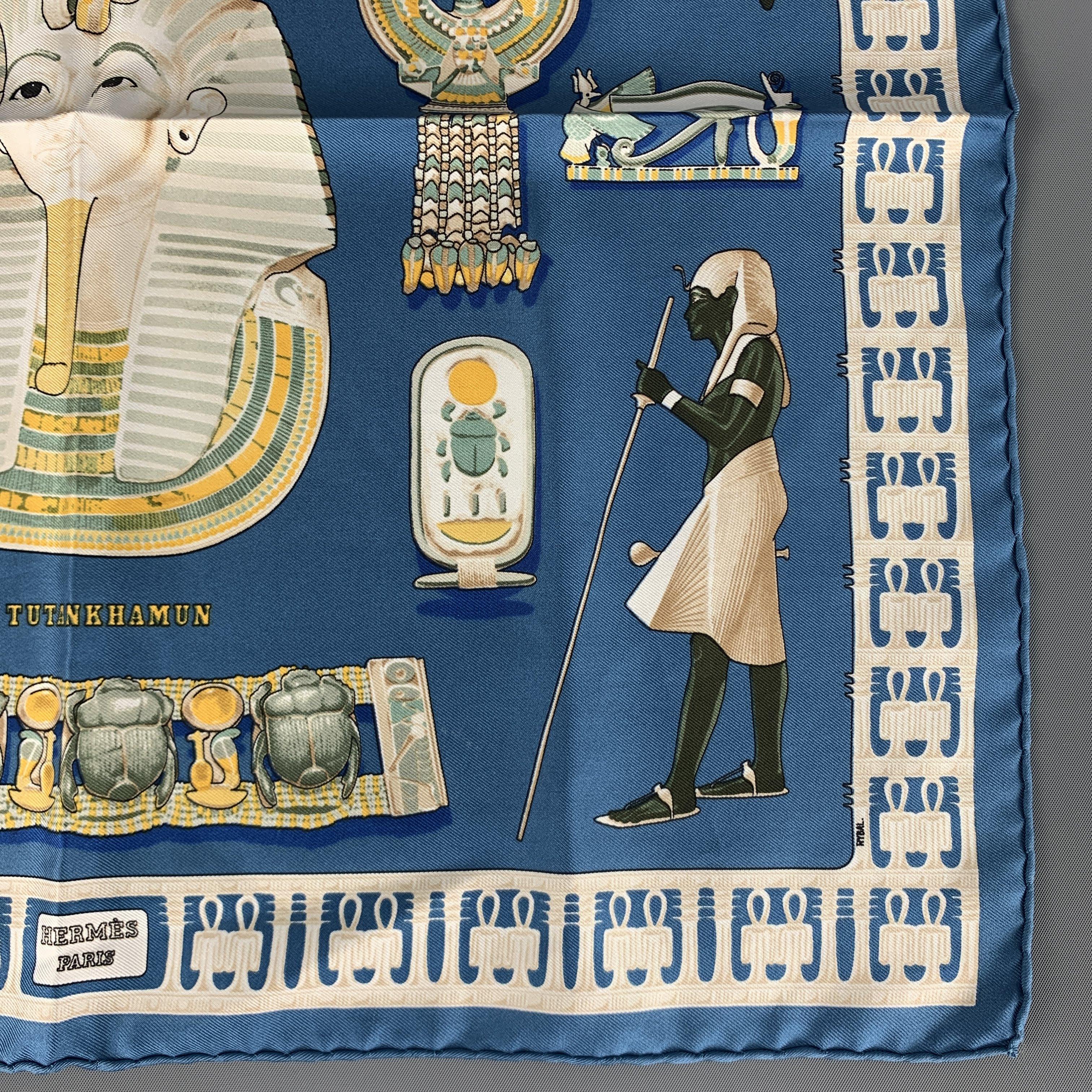 HERMES Tutankhamun Blue Silk Pocket Square 1