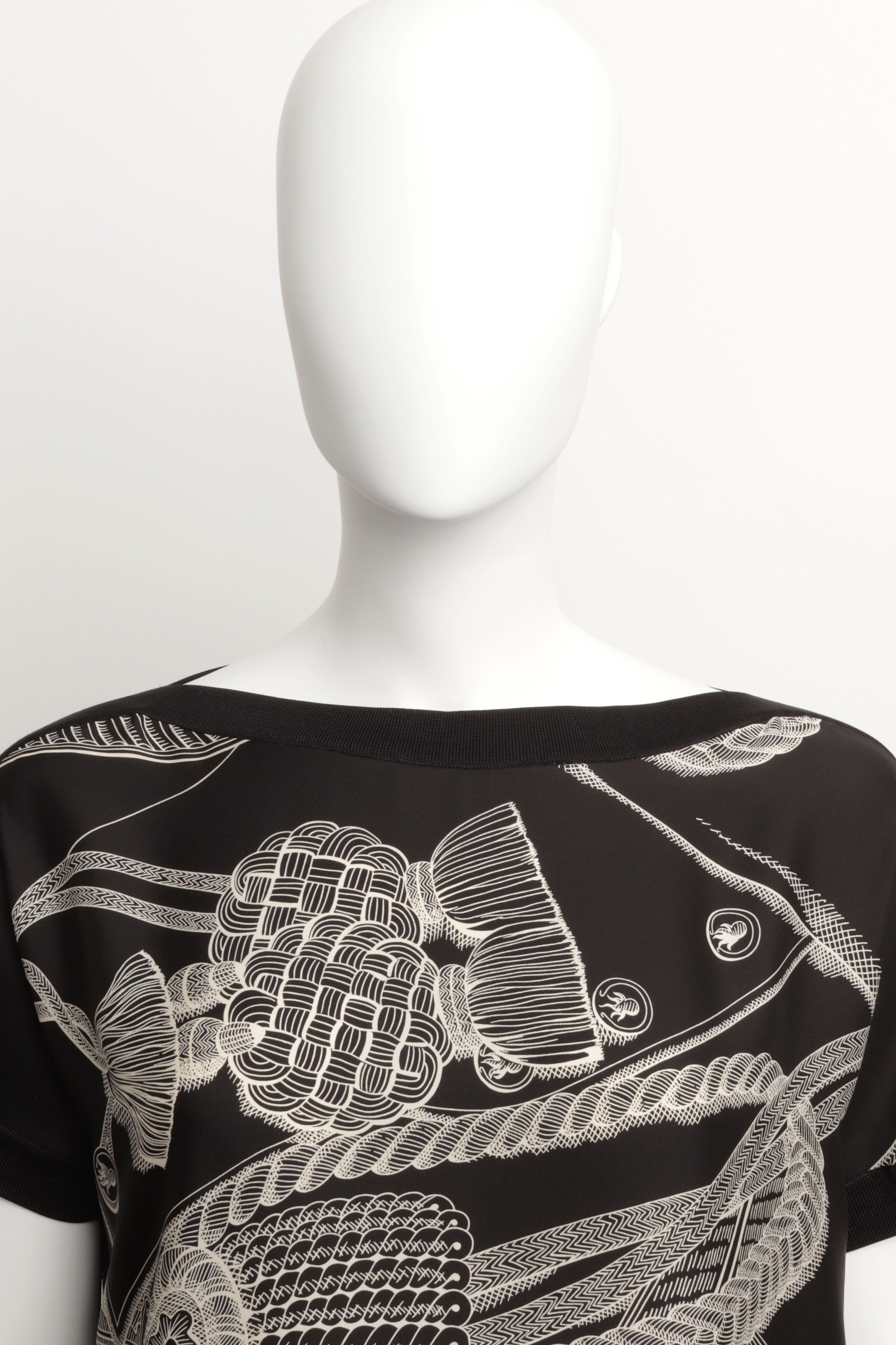 Hermes Twillaine - Top blouse à manches courtes en soie noire imprimée et maille de soie Pour femmes en vente