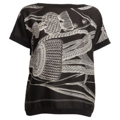 Hermes Twillaine Short Sleeve Blouse Top in Printed Black Silk and Silk Knit