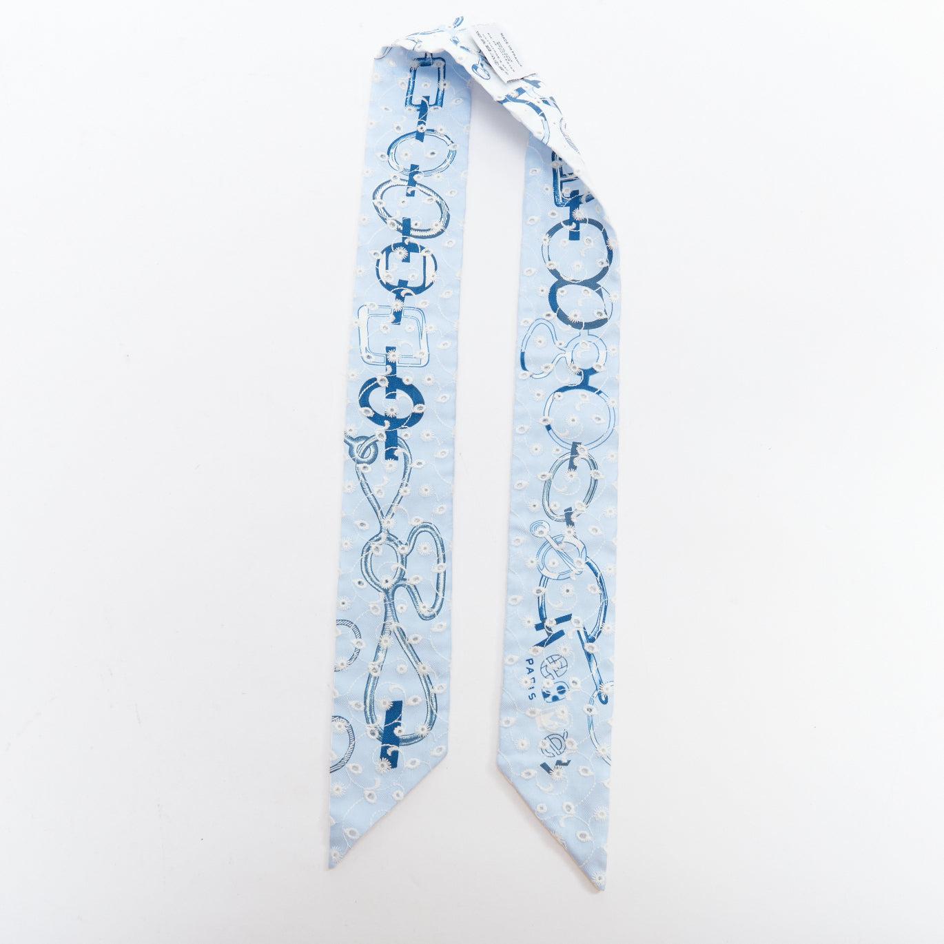 Blue HERMES Twilly 100% silk light blue white floral eyelet chain print