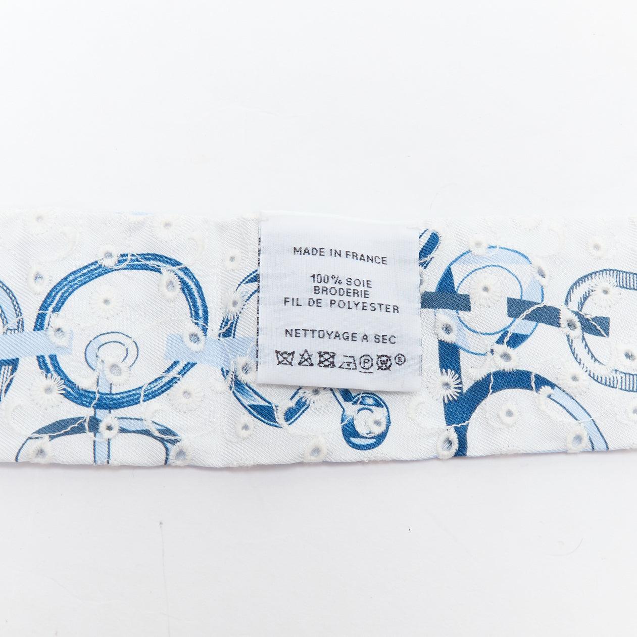 Women's HERMES Twilly 100% silk light blue white floral eyelet chain print