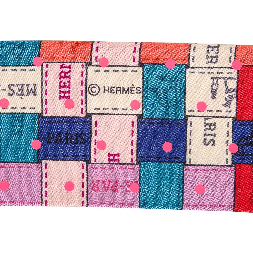 Hermes Twilly Bolduc Au Carre Plumetis Corail / Jaune / Rose Fluo Lote de 2 Beige en venta