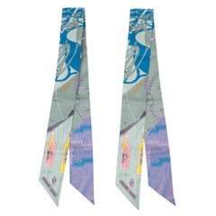 Hermes Twilly Caleche Mors et Bouteilles Vert Amande / Jaune /Bleu Set of 2 New