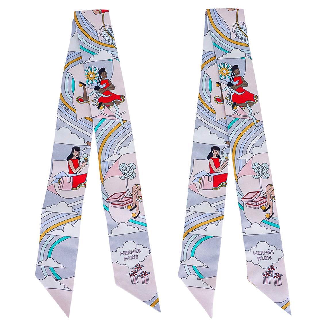 Hermes Twilly Carres Volants Gris Perle / Rose Pale Silk Scarf Set of 2