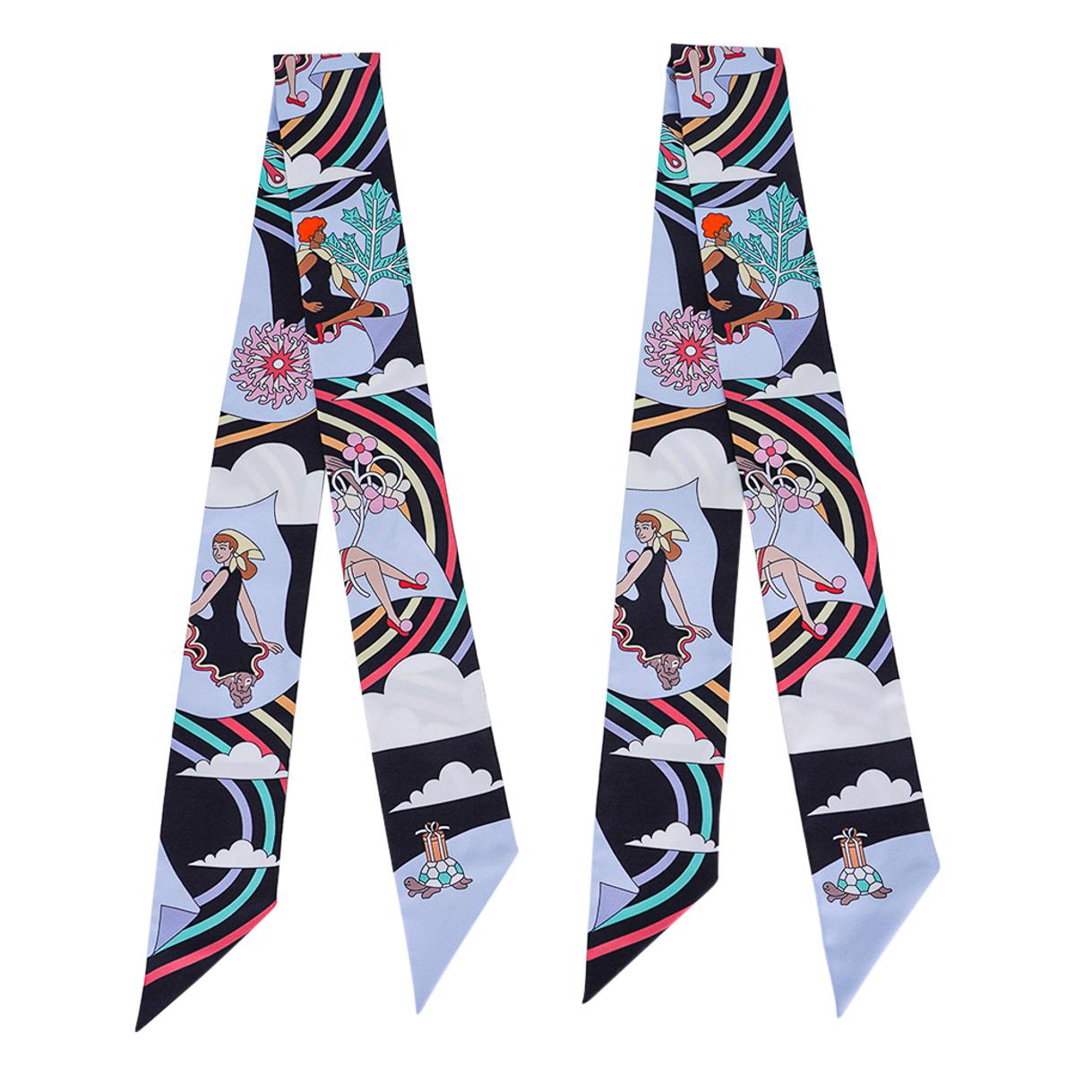 Hermes Twilly Carres Volants Noir / Ciel Silk Scarf Set of 2 In New Condition For Sale In Miami, FL