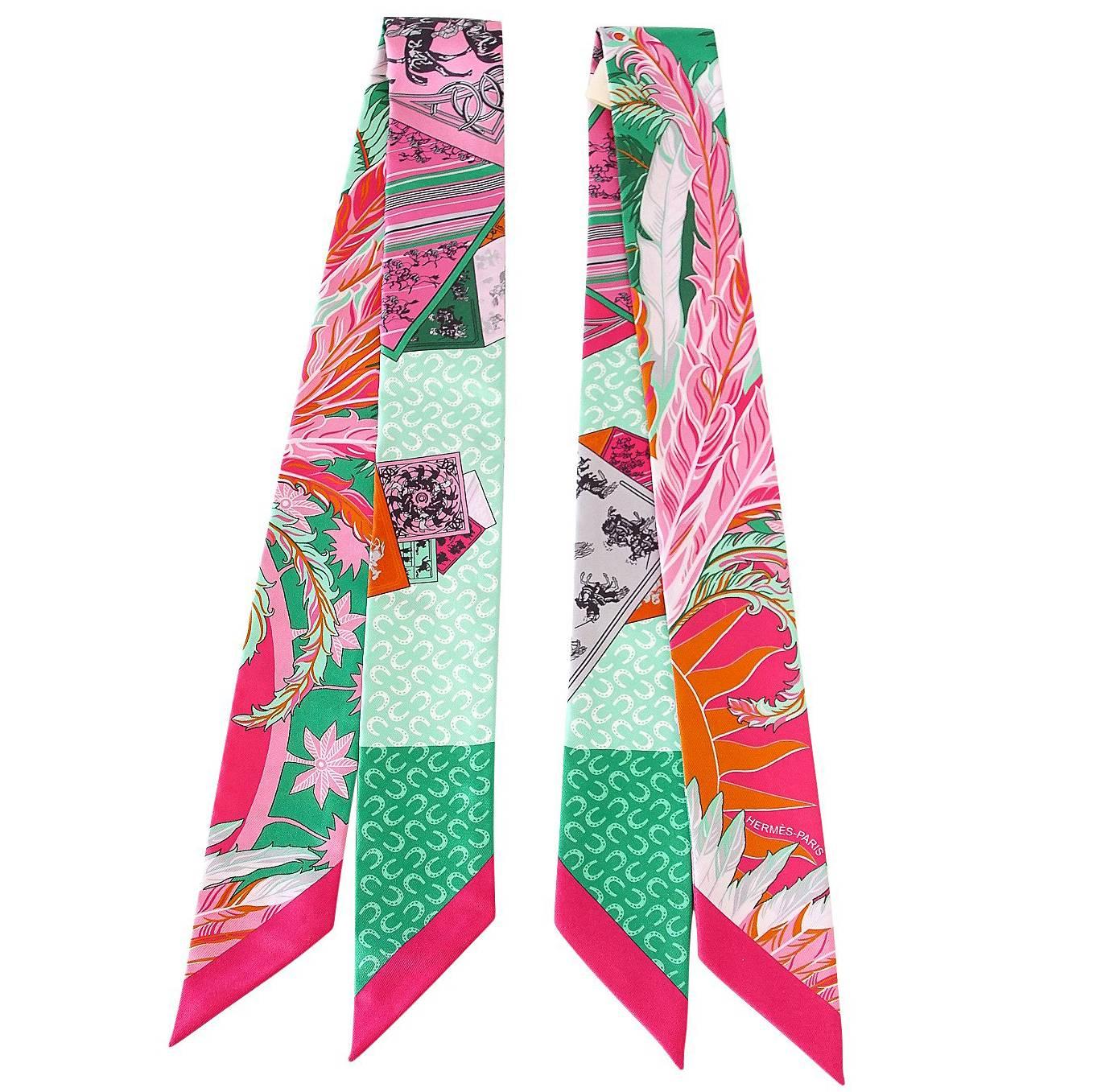 Hermes Twilly Cheval Phoenix Pink Multi Colour Set of 2 Glorious Summer