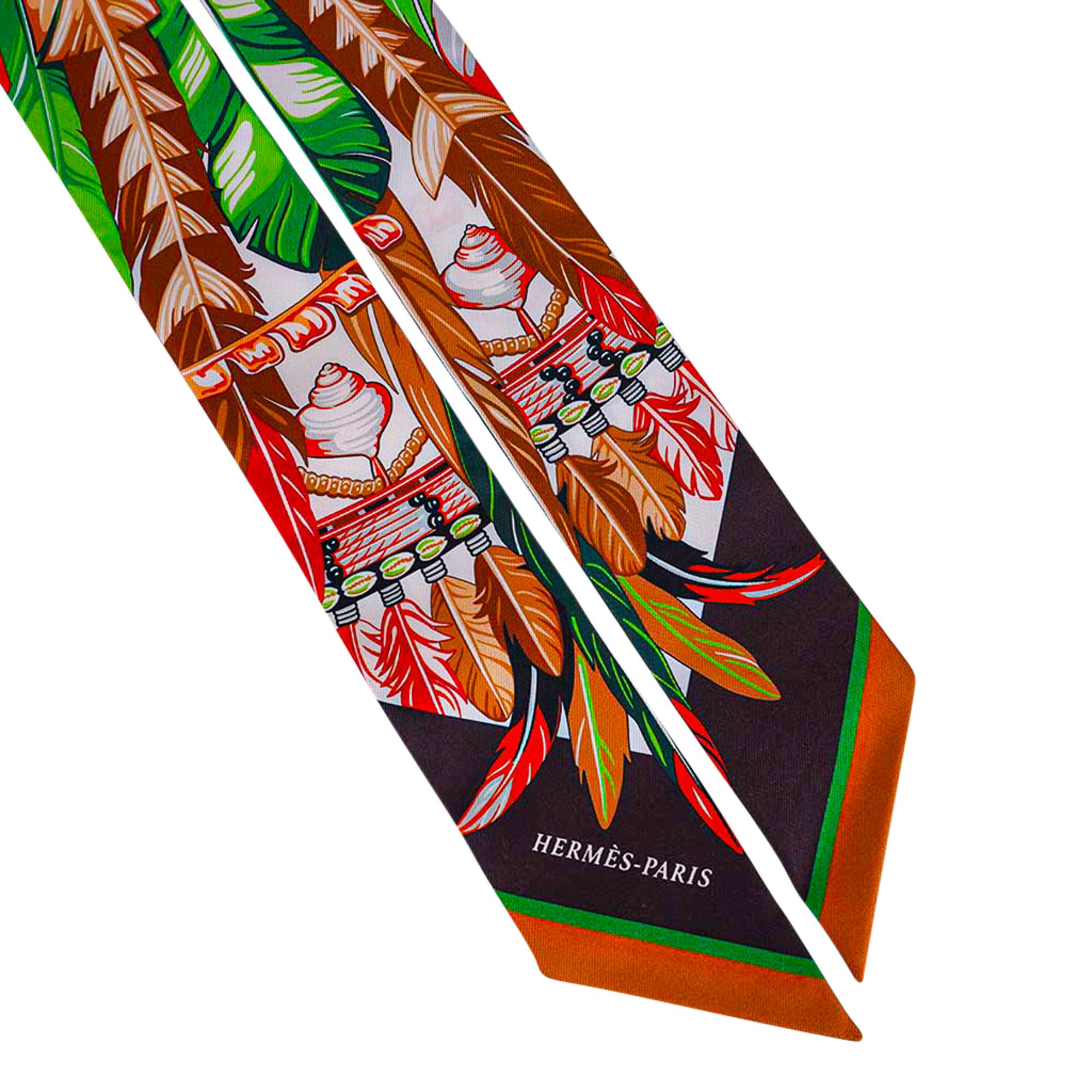 Hermes Twilly Danse Pacifique Vert Vif / Corail / Brun Set of 2 New w/Box 2